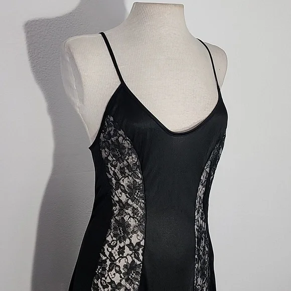 Circle III New York Slip Gown Lace Paneled Front Vibtage Black Size S - Picture 4 of 14
